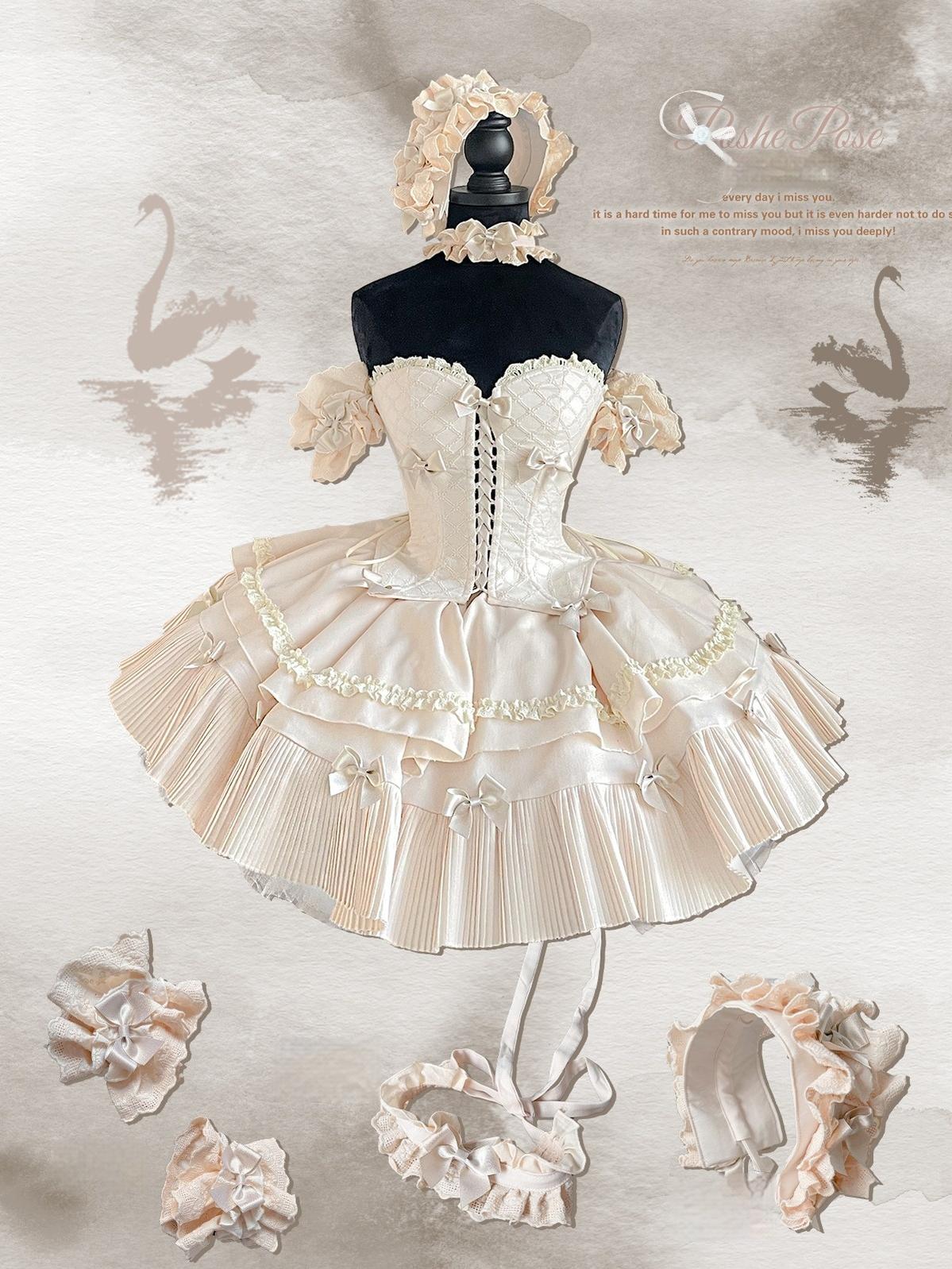 POSHEPOSE~Celadon Overture~Sleeveless Princess Lolita Skirt Suit Fishbone Top Tiered SK