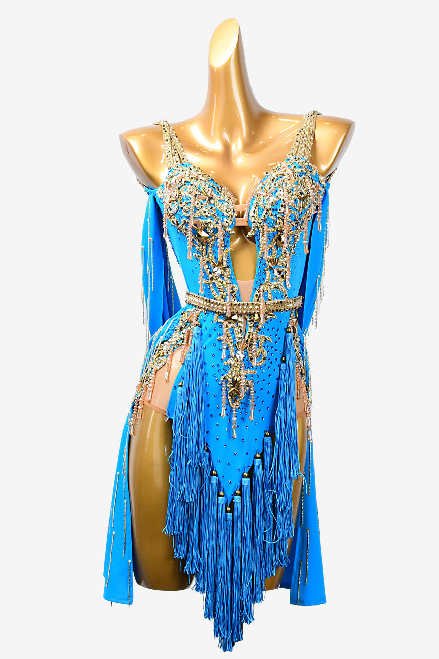 Permino dark blue matt lycra Latin dress with tassels, rhinestones, gold beadings & beaded fringes