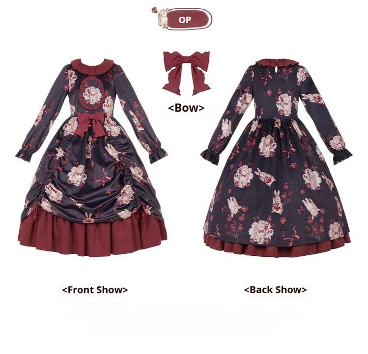 With PUJI~Sheepberry Bunny Air~Sweet Lolita Dress Velvet Print JSK and OP
