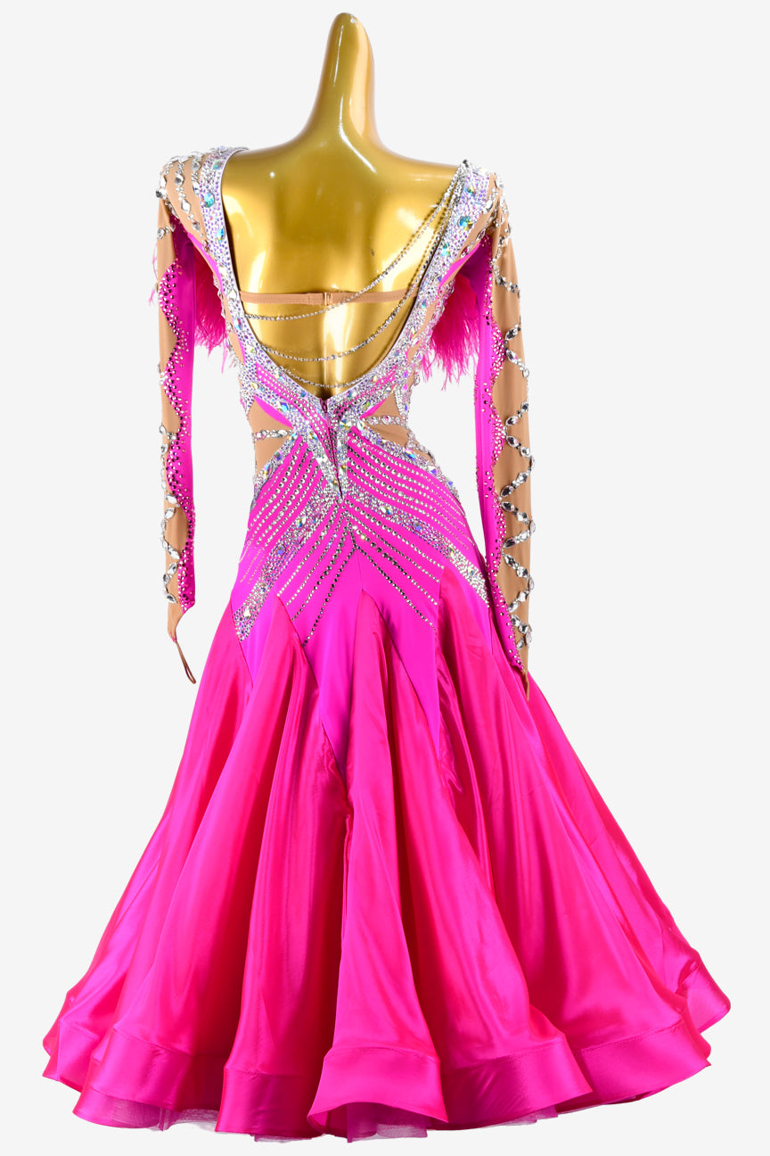Permino magenta & fleshtone matt lycra standard dress with pearl chiffon underskirt, AB stones & feathers