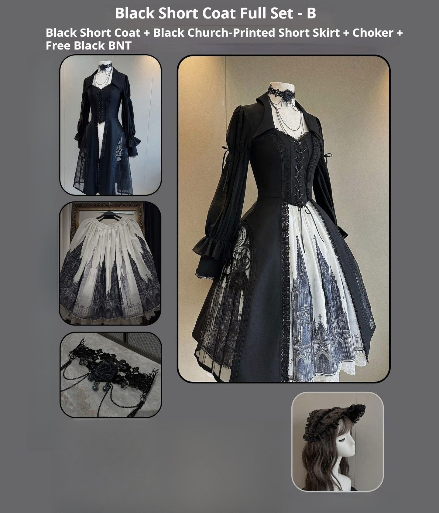 Susin Lolita~Night Traveler~Gothic Lolita Skirt Outfit Long Coat Shirt and Bustier Set