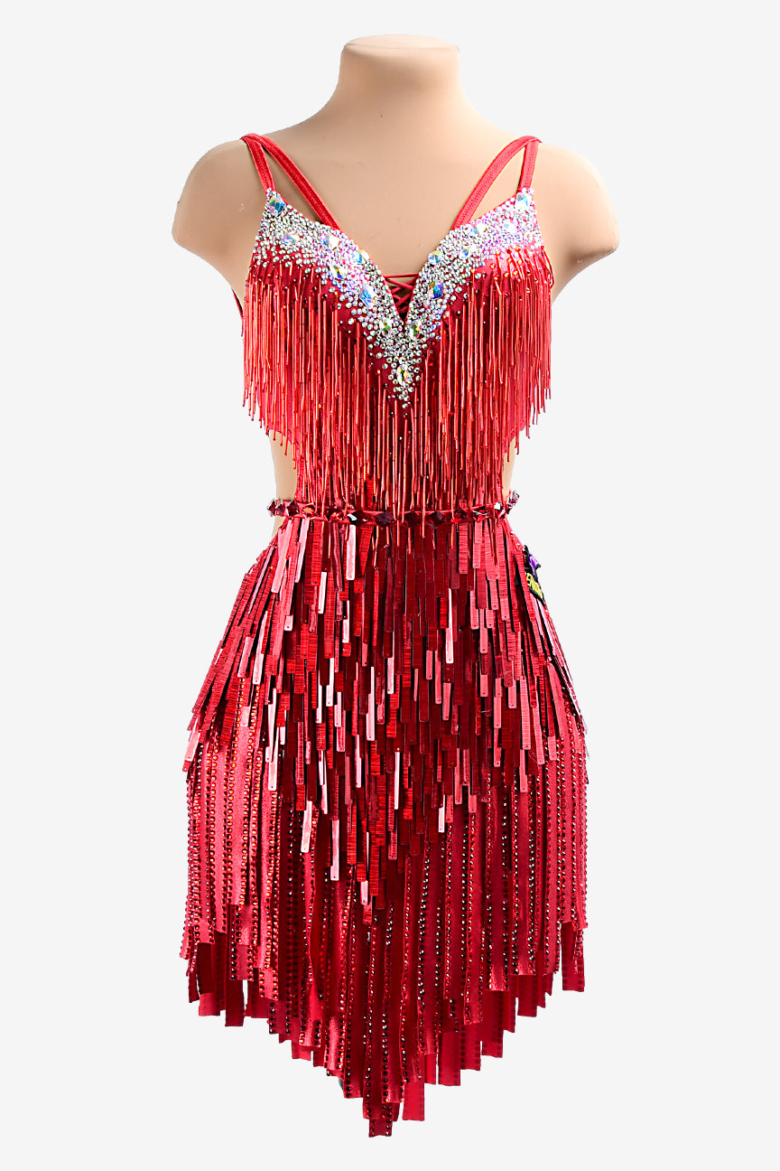 Permino red lustre lycra Latin dress with stone fringes, beaded fringes, sequins, AB crystals & sew-on stones