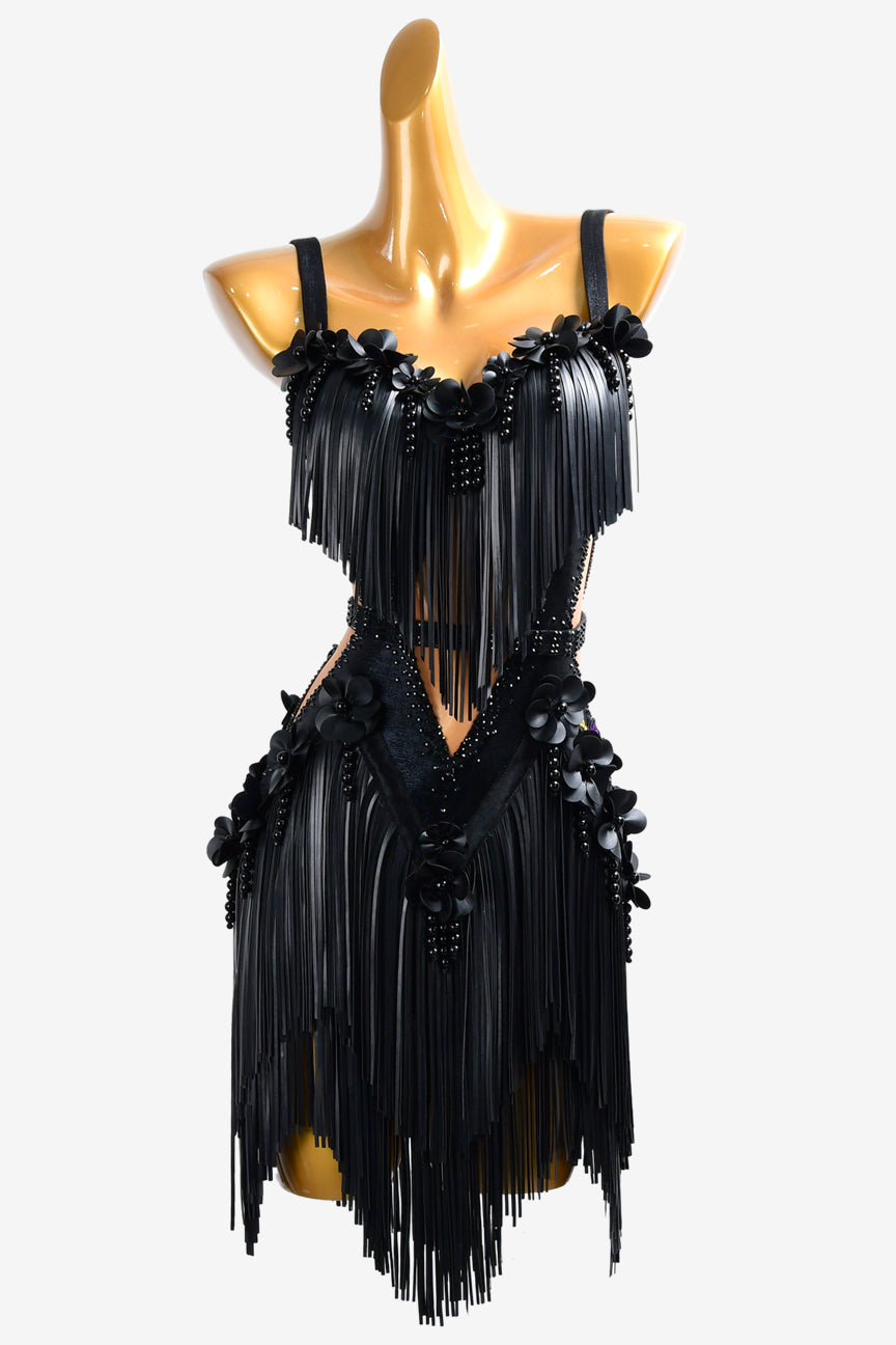 Permino black Latin dress with appliqués,rhinestones, PU leather fringes & beadings