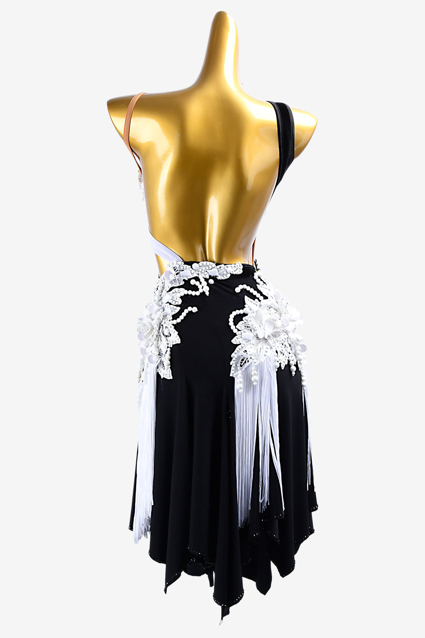 Permino mesh black draping Latin dress with white beadings, tassels, white lace & flower appliqués