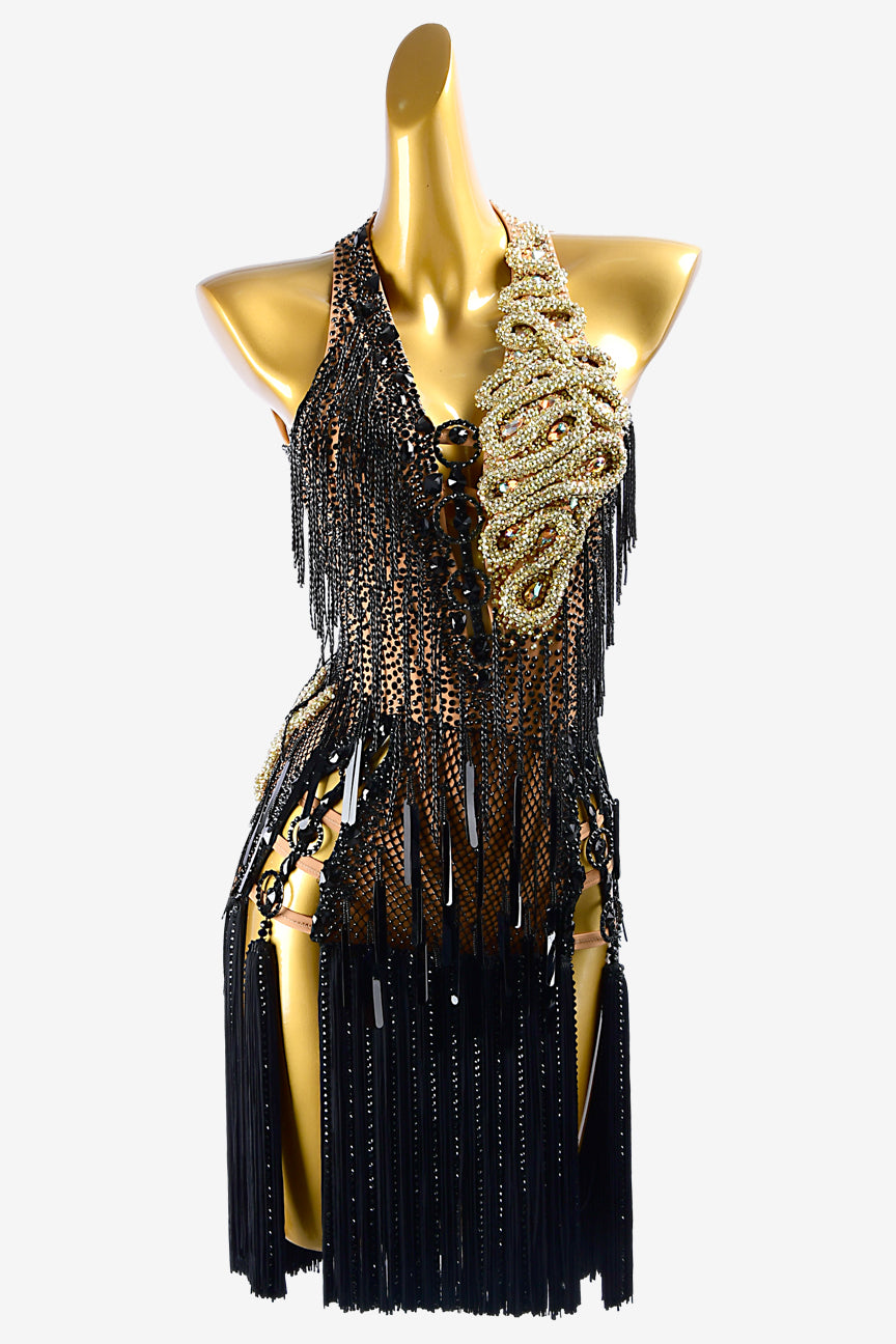Permino fleshtone lycra Latin dress with black fishnet, stone fringes, fringes, crystals, sequins & gold stone string