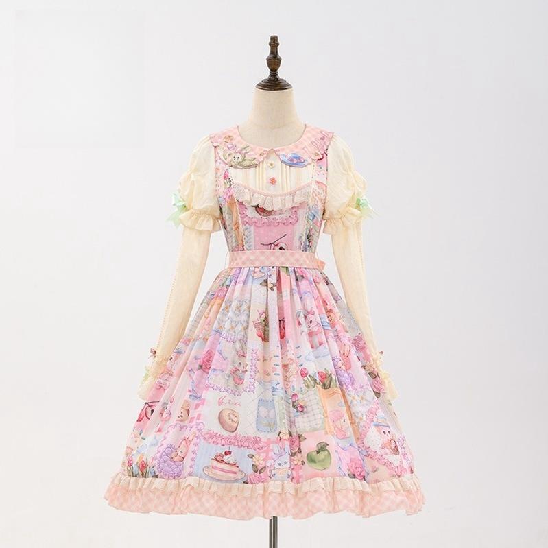 Mewroco~Country Patchwork~Sweet Lolita Dress Set Print OP SK Shirt and Camisole