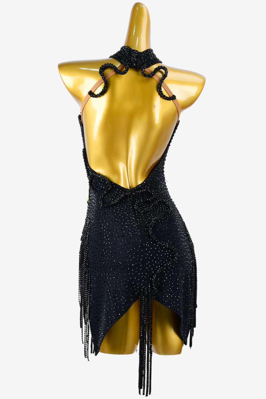 Permino black matt lycra fully crystallized openback Latin dress with stone fringes