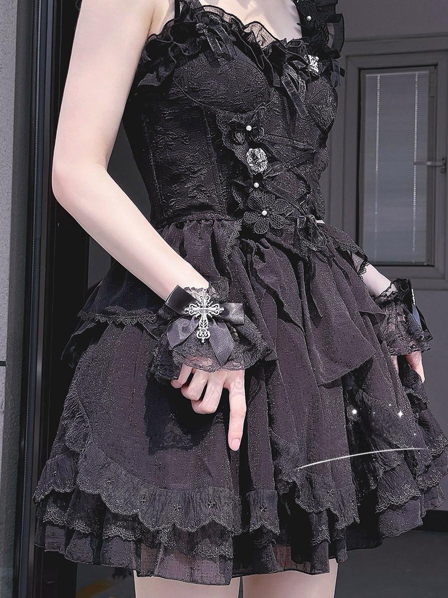 Hua Nai Cat~Gothic Lolita Cuffs with Cross Black and White Hand Sleeve