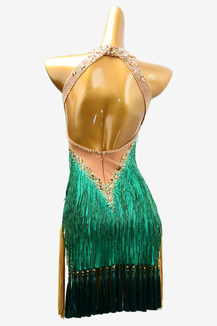 Permino sea green Latin dress with beaded fringe,crystal AB and tassels