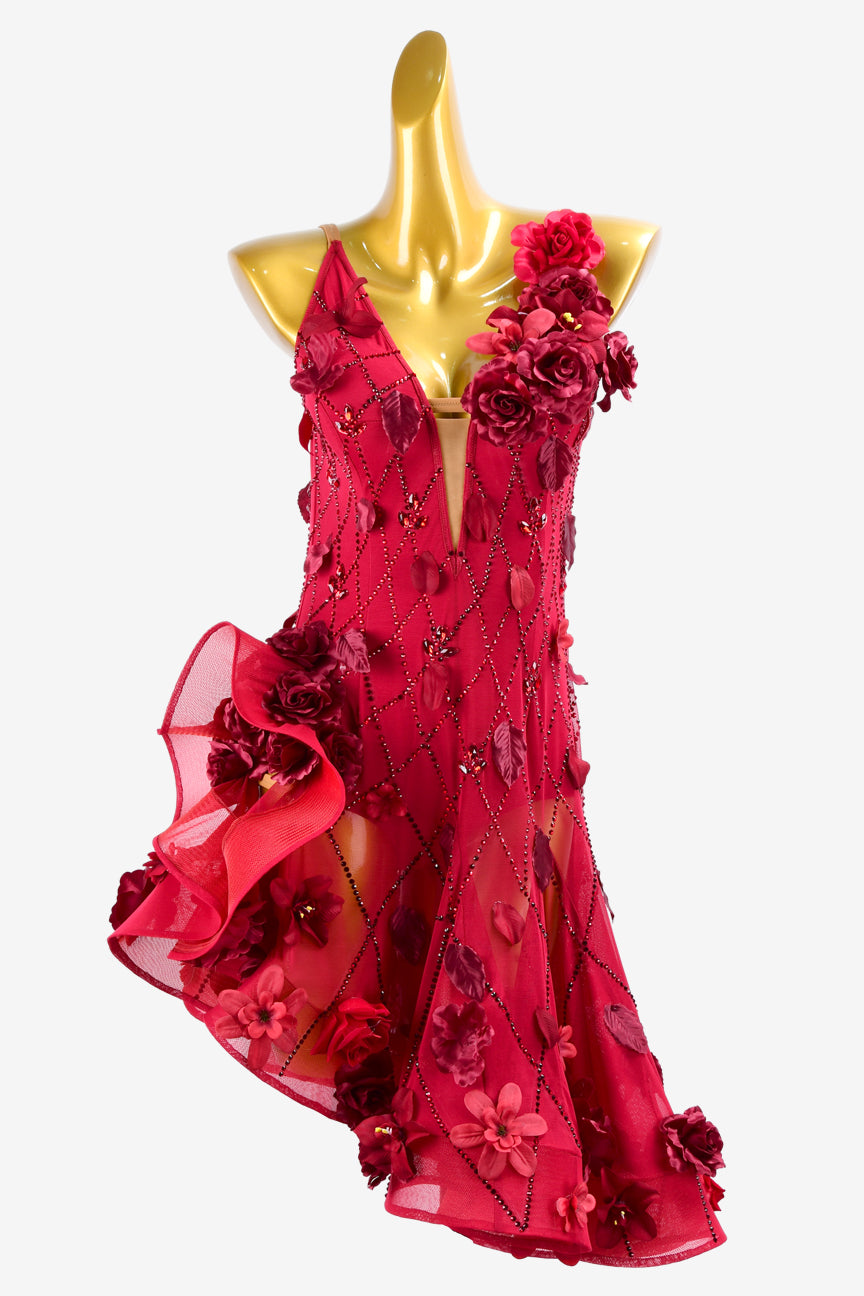 Permino scarlet backless mesh Latin dress with ruffle fishbone skirt, flower appliques & rhinestones
