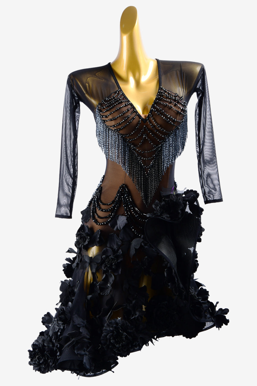 Permino black mesh Latin dress with ruffle fishbone underskirt, beadings, beaded fringes & flower appliques