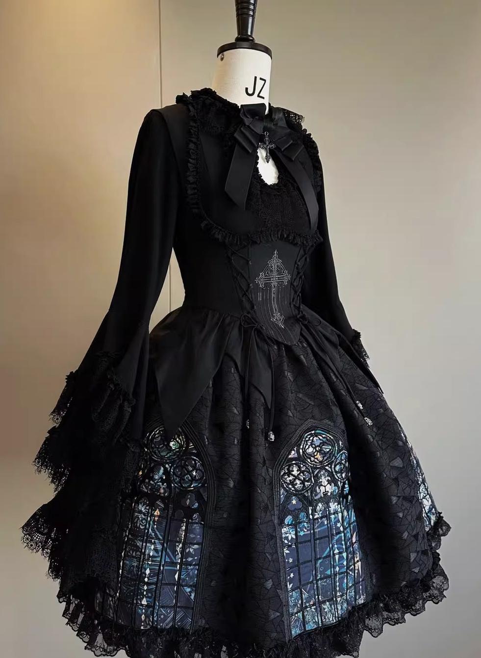 Susin Lolita~Night Traveler~Gothic Lolita Skirt Outfit Long Coat Shirt and Bustier Set