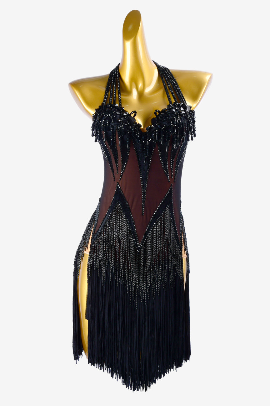 Permino black mesh Latin dress with stone fringes, beadings, fringes, rhinestones & sew-on stones