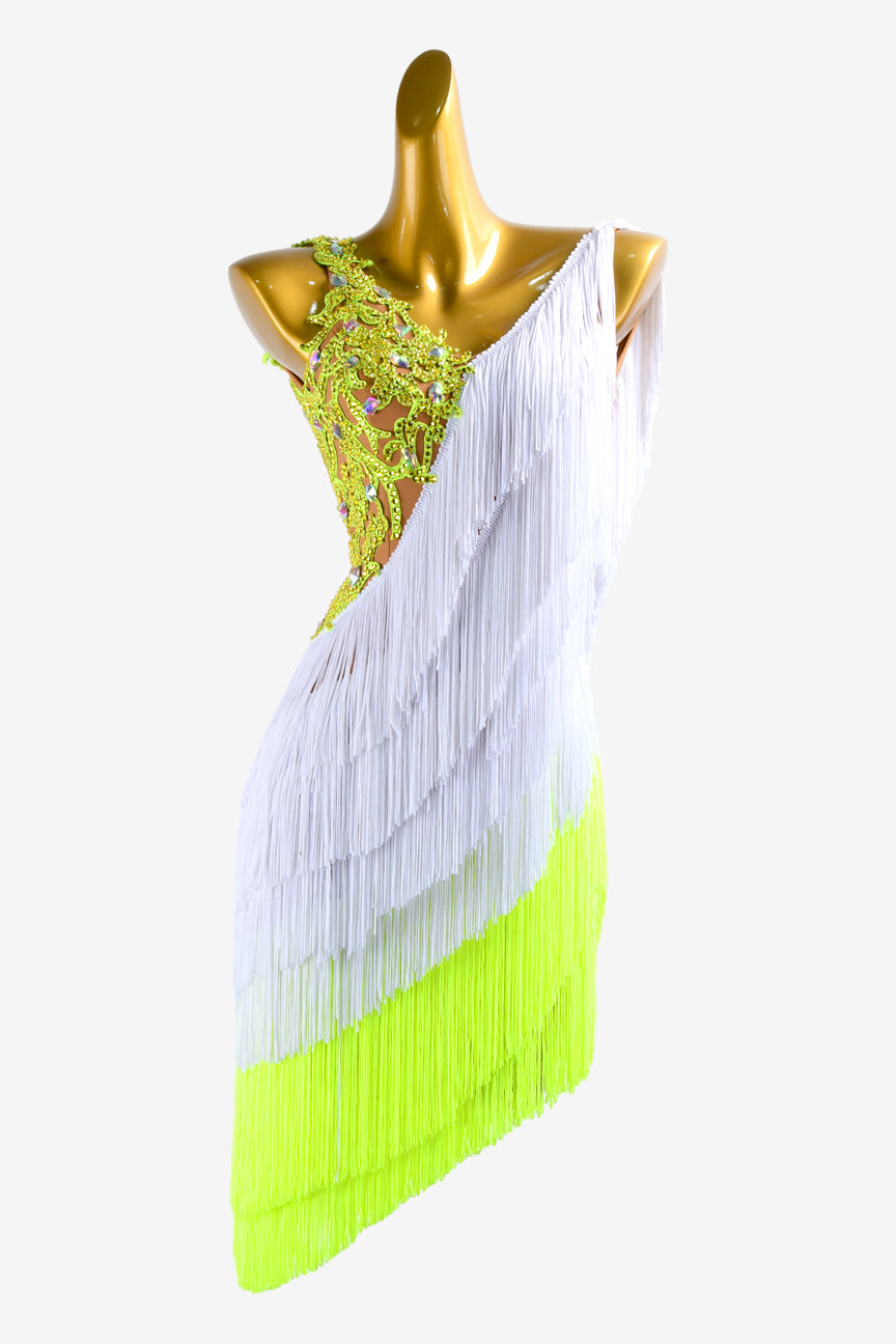 White & lemon green fringe Latin dress with crystal lace applique