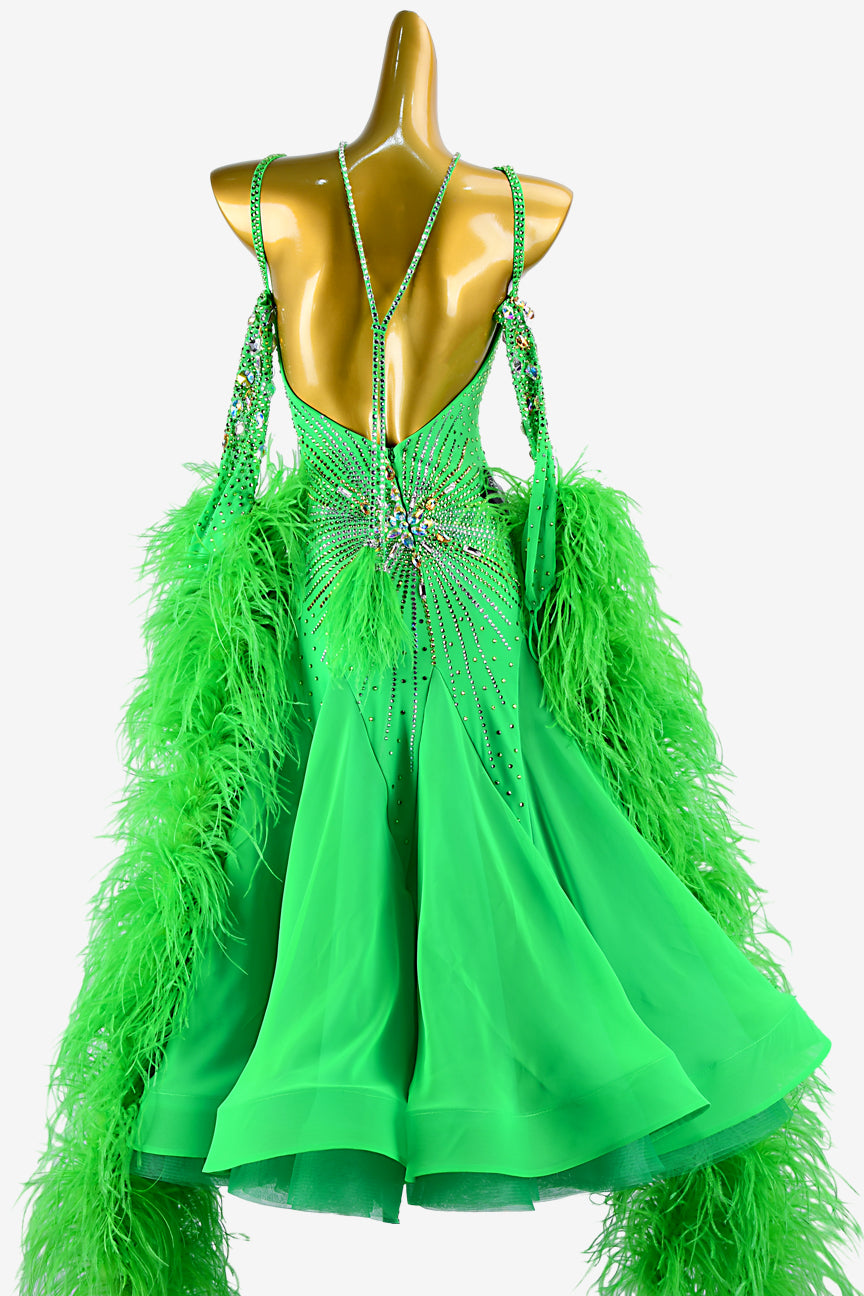 Permino mediunmspringgreen Standard dress with pearl chiffon underskirts, AB stone and feathers