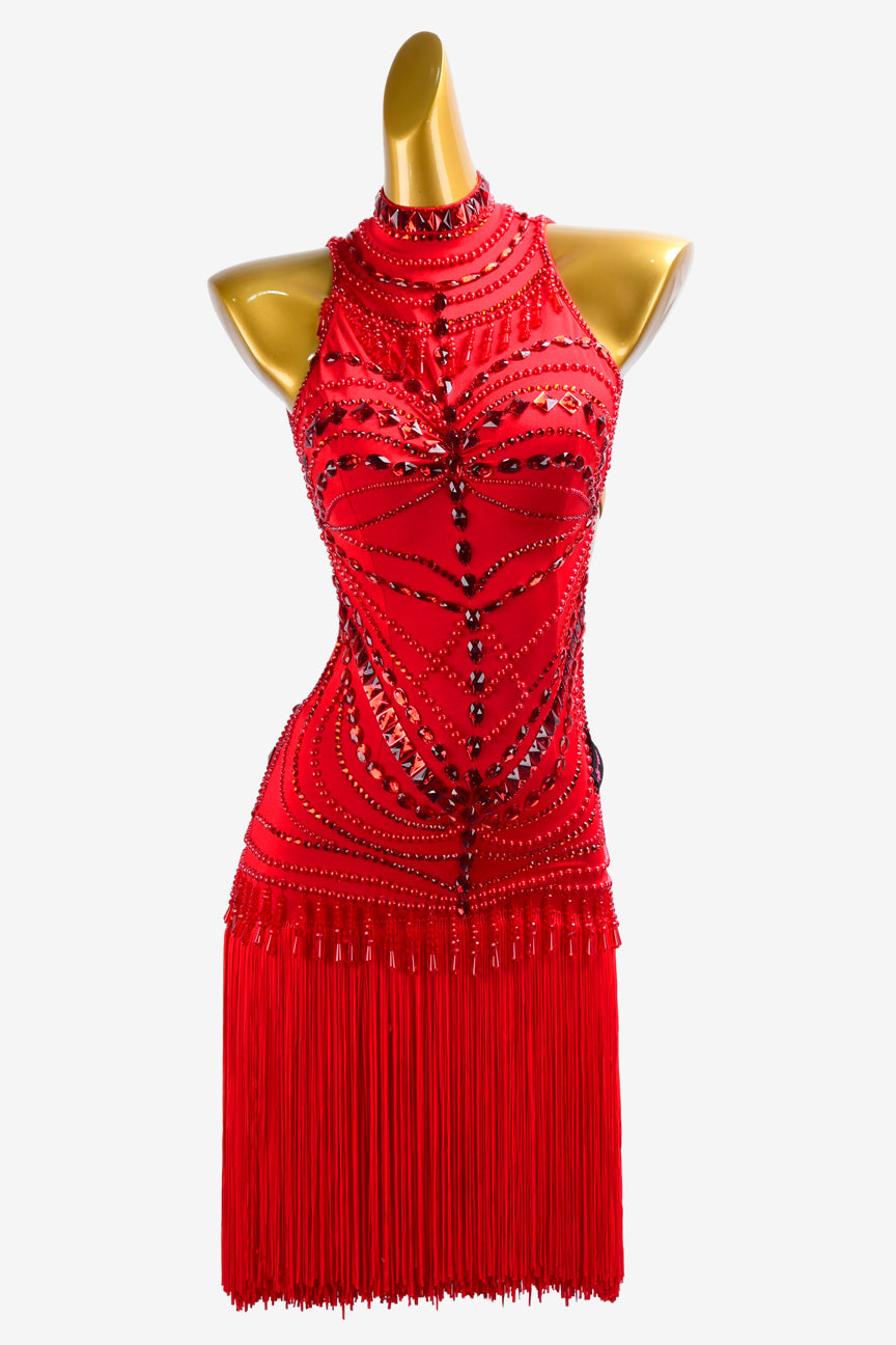 Permino china red matt lycra Latin dress with fringes, beadings, rhinestone & sew-on stones