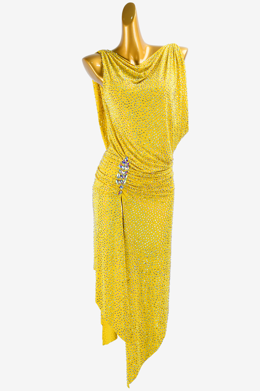 Permino gold yellow lustre lycra Latin dress with fully crystals & white AB sew-on stones