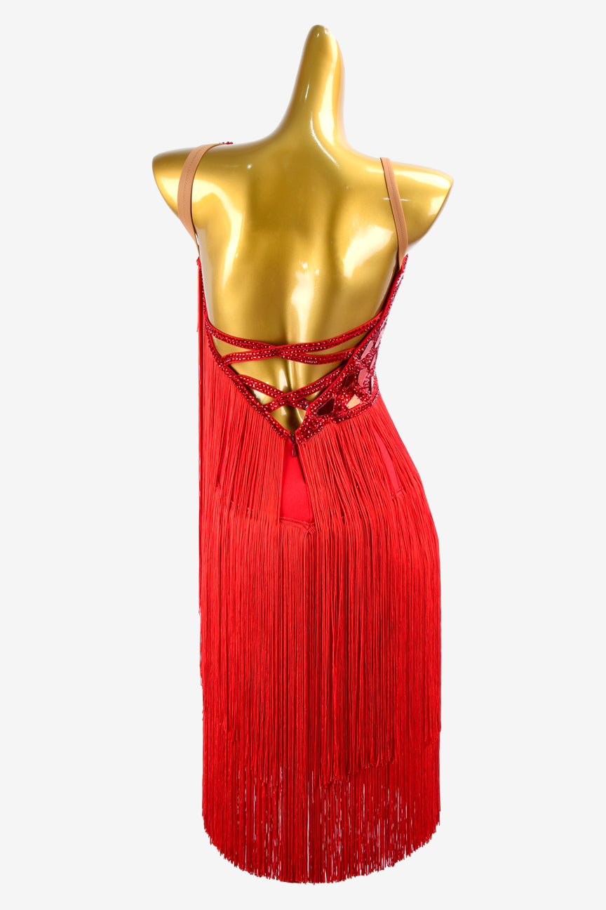 Permino china red matt lycra Latin dress with beaded fringes, mirror stones, rhinestones & fringes