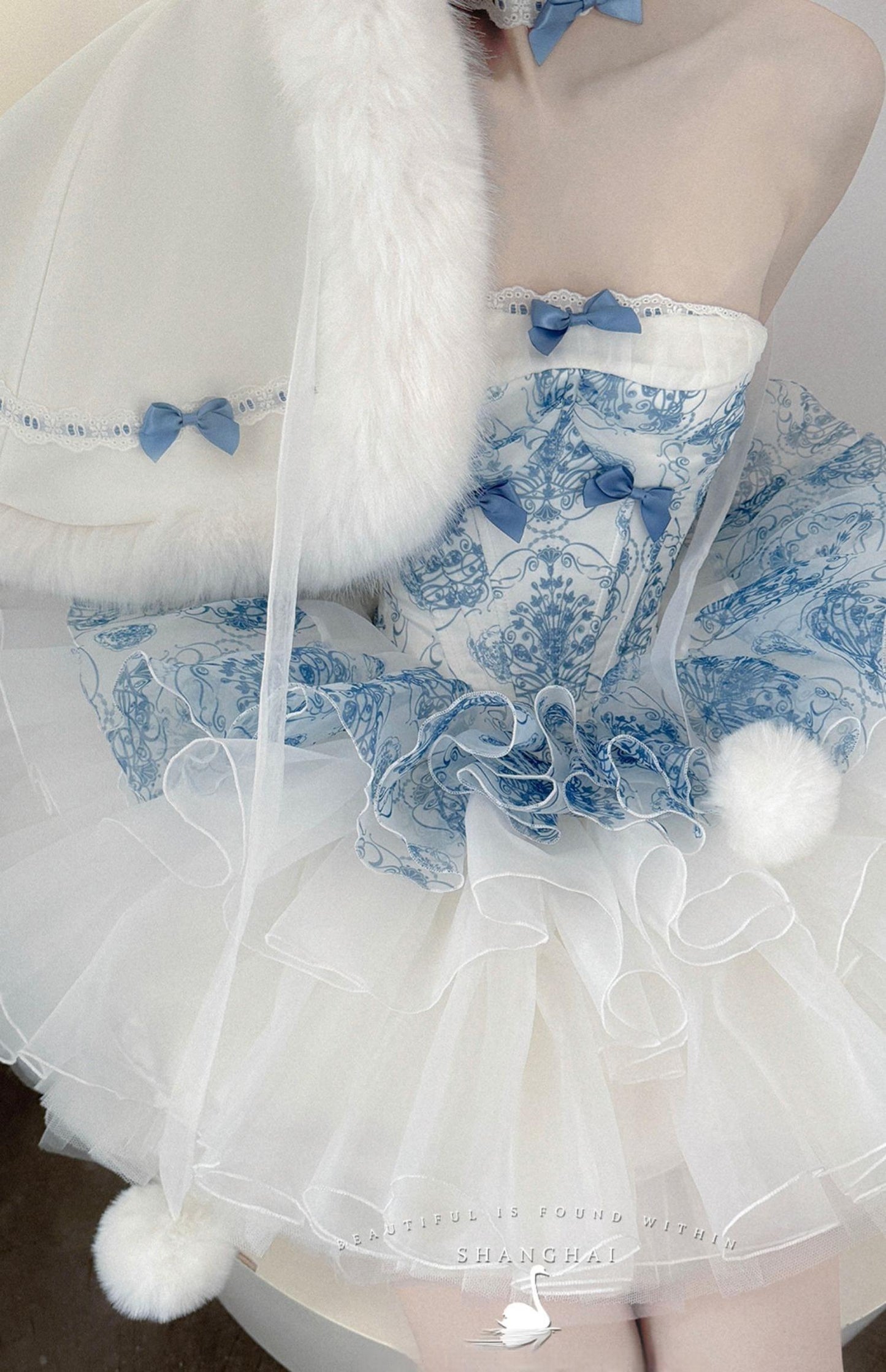 POSHEPOSE~Blue and White Porcelain~Princess Lolita JSK Dress Plush Cape