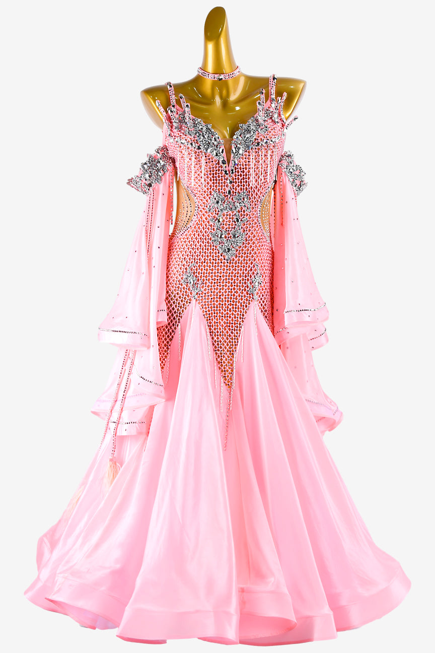 Permino pink crystal fishnet Standard dress with stretch satin underskirts, lace, float, silver rhinestone & beaded fringes
