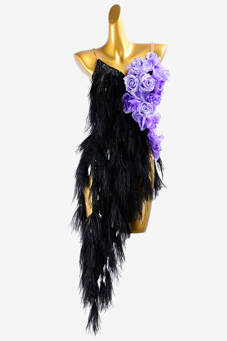 Permino black matt lycra Latin dress with feathers, sequins, rhinestones & medumpurple flower appliques