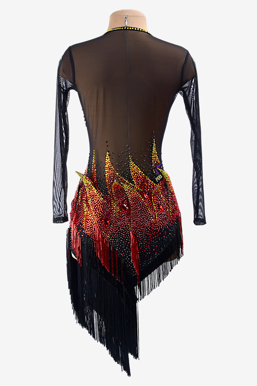 Permino black mesh Latin dress with rhinestone applique, beaded fringes, fringes & red crystals