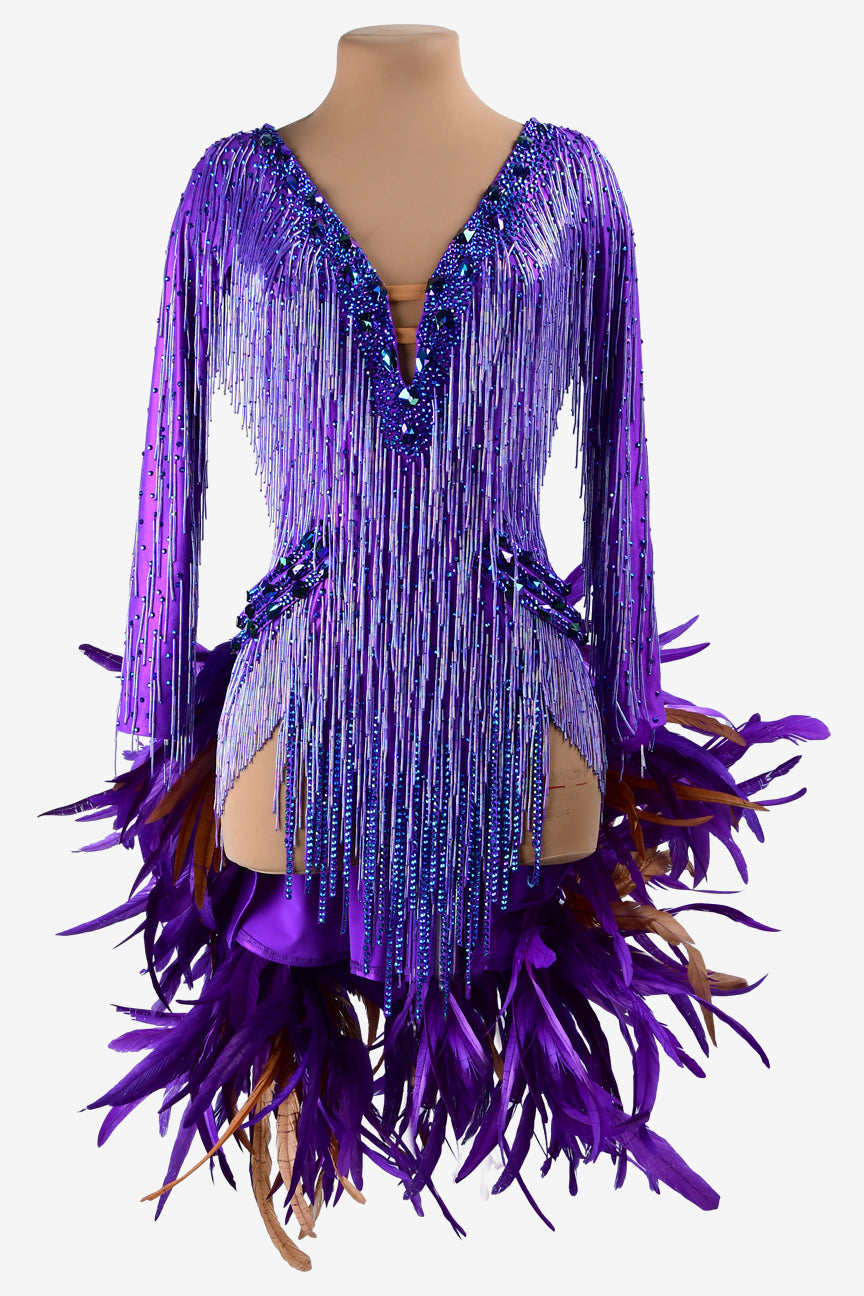 Permino violet dot shine lycra Latin dress with AB stones, stone fringes, feathers & beaded fringes