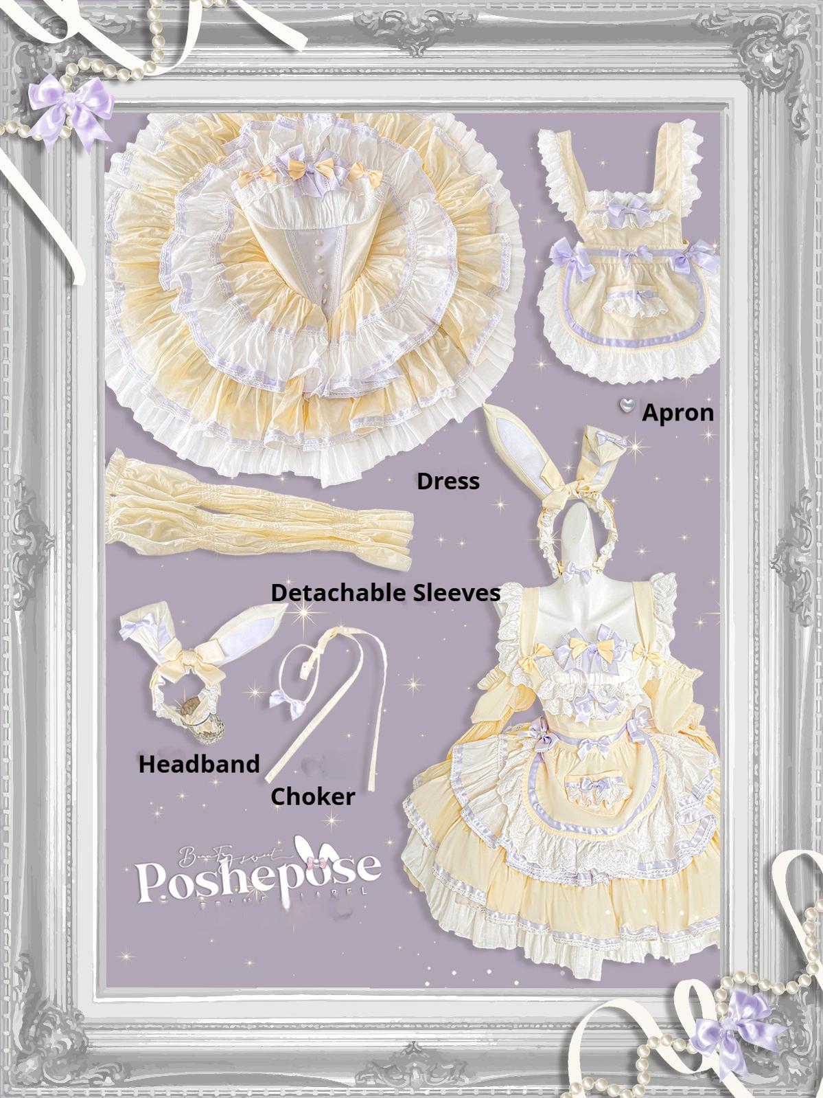 POSHEPOSE~Maid Bunny~Gorgeous Sweet Lolita OP Dress with Detachable Sleeves and Apron