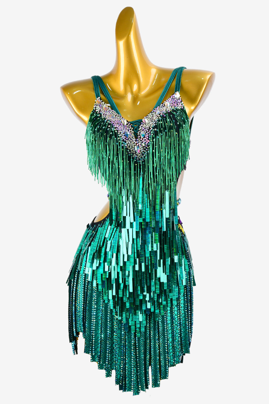 Permino lack green Latin dress with stone fringes, beaded fringes, sea green sequins & white crystal AB