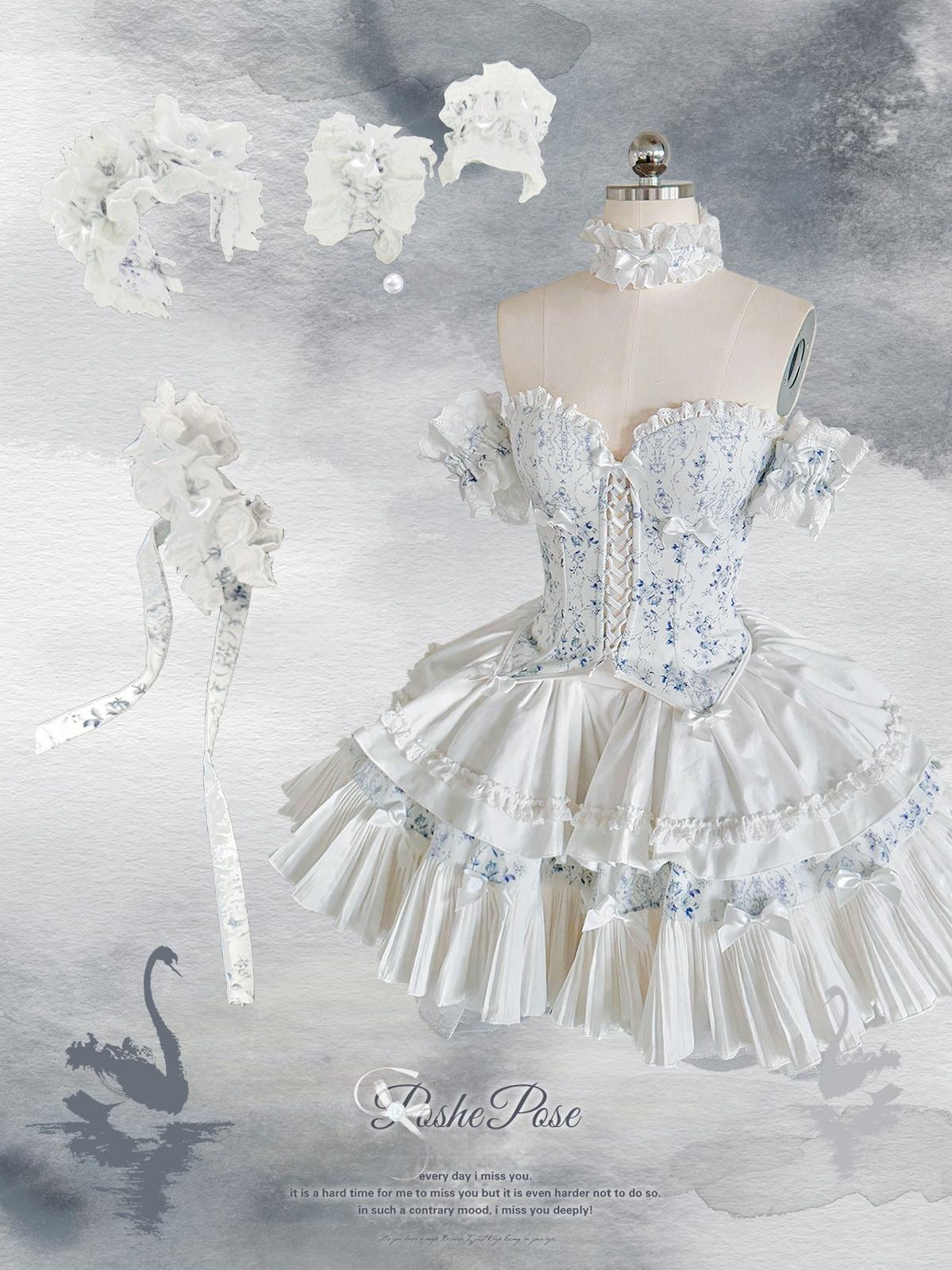 POSHEPOSE~Celadon Overture~Sleeveless Princess Lolita Skirt Suit Fishbone Top Tiered SK