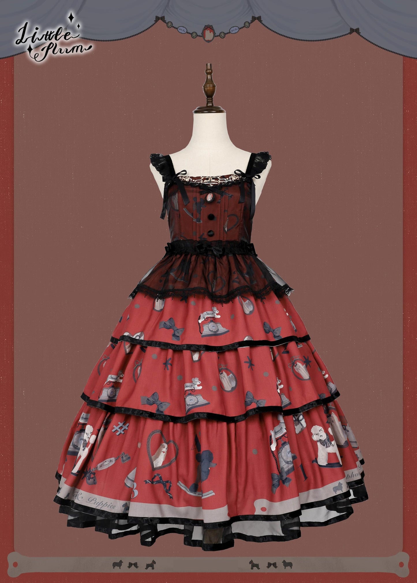LittlePlum~Telephone Dog~Black Red Classic Lolita Dress Set with OP JSK and Skirt