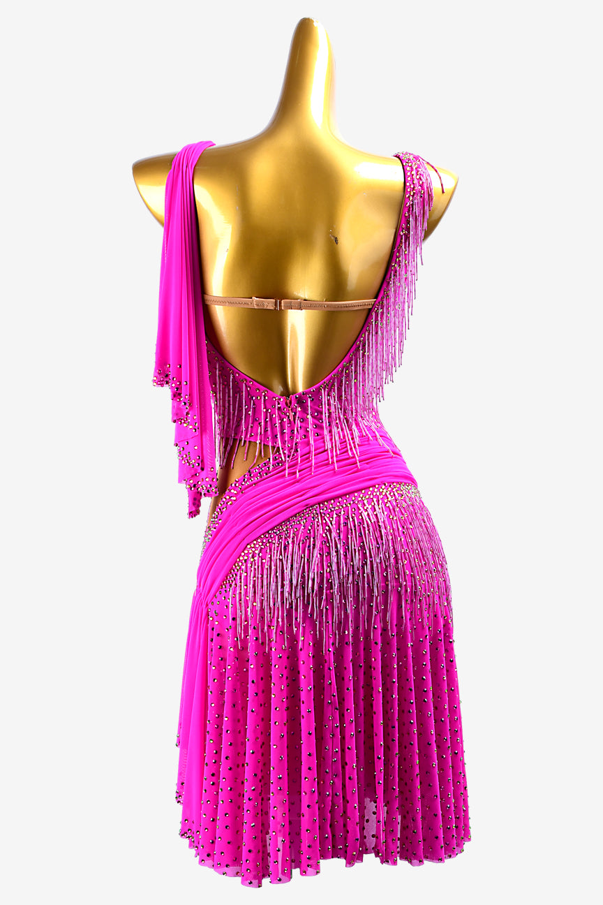 Permino magenta rose mesh draping & ruching Latin dress with beaded fringes, rhinestones