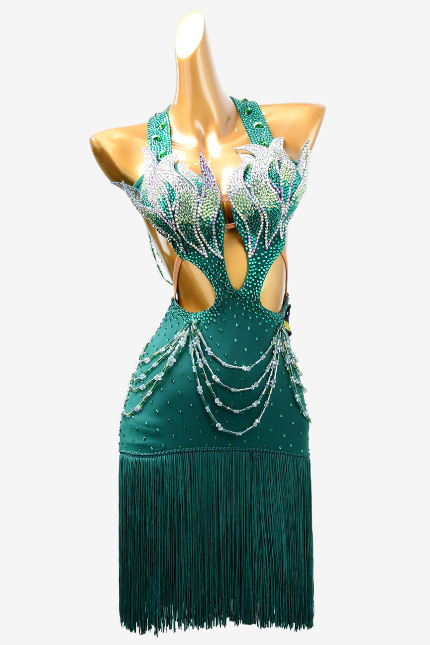 Permino sea green lycra rhythm dress with rhinestone applique, beadings,crystal AB & fringes