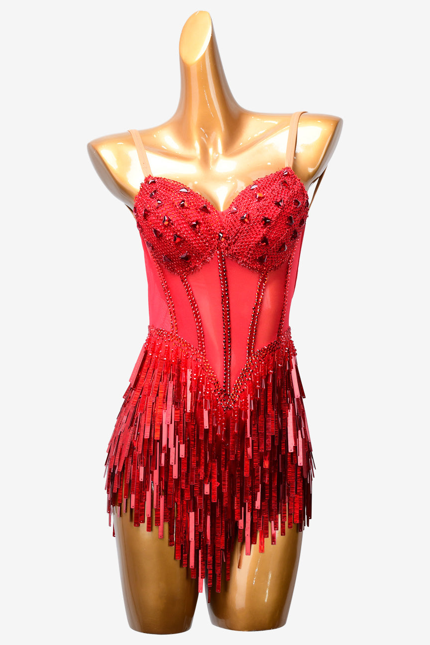 Permino red mesh spliced crystal fishnet Latin dress with rhinestones, beadings & sequins