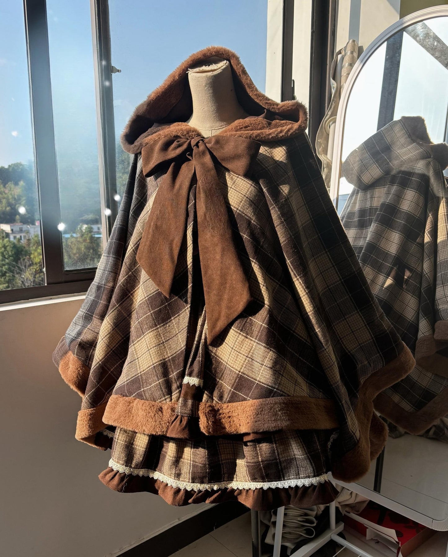 Qianmu~Waffle~Kawaii Lolita Cape Daily Lolita Plaid Hoodie Cloak