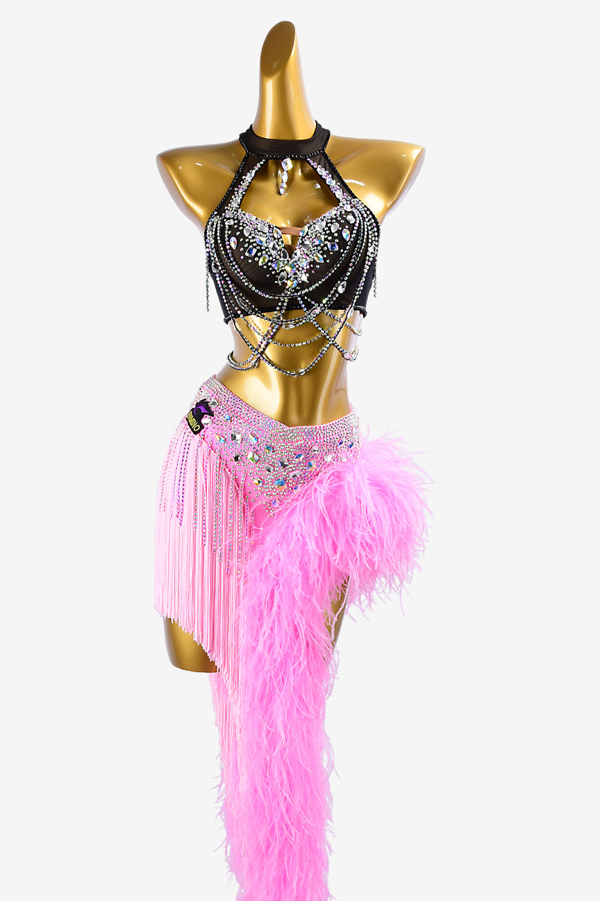 Permino black mesh Latin dress with bright pink underskirt stone fringes, fringes, feathers & AB stones
