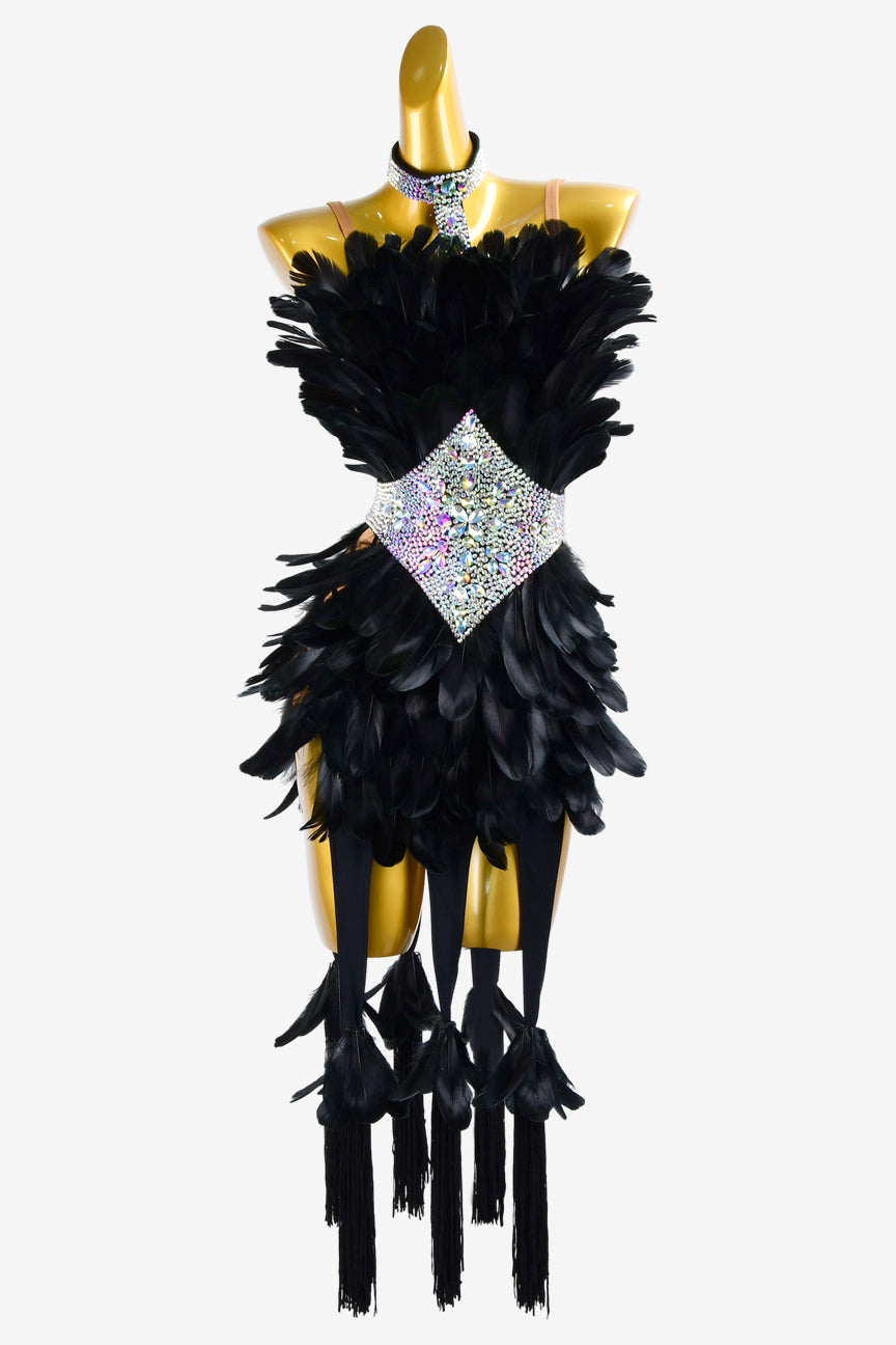 Permino black Latin dress with tassels, feathers, white crystal AB & sew-on stones