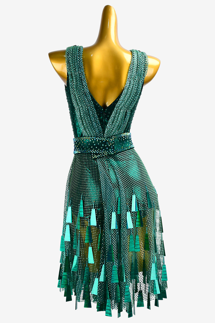 Permino teal crystal fishnet Latin dress with sequins, tassels & green crystal AB