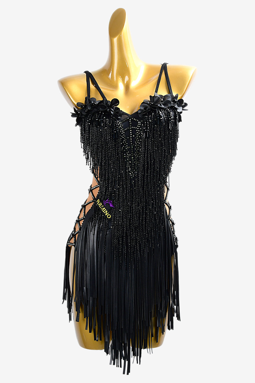 Permino black matt lycra Latin dress with leather fringes, rhinestones, beaded fringes & flower appliques